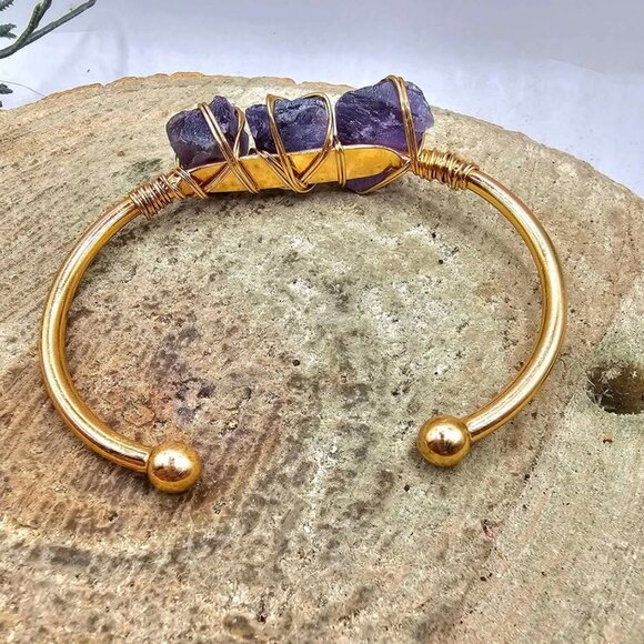 Nature Amethyst Polished Stone Wire Wrapped Cuff Bangle - Picture 3 of 10